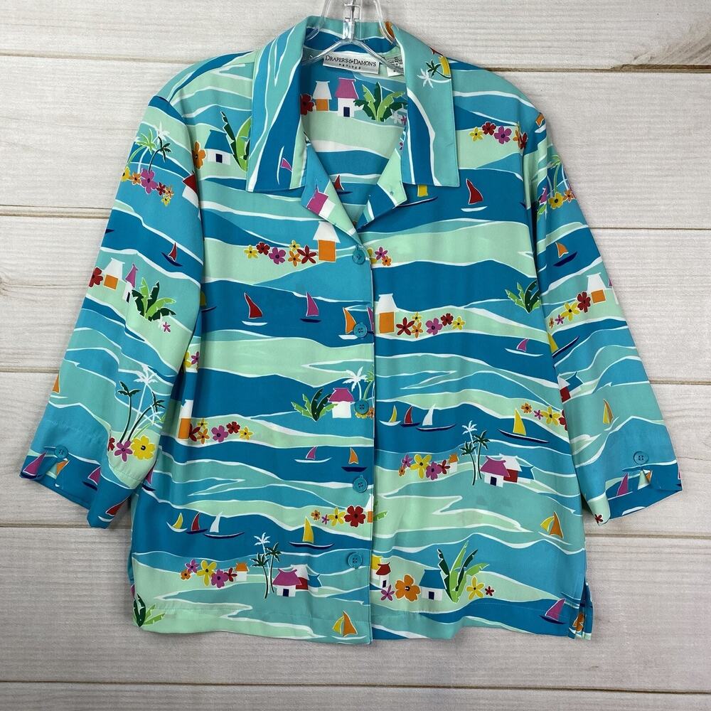Drapers & Damon's Top Petite L PL Blue Beach Tropical Button Up 3/4 Sleeve